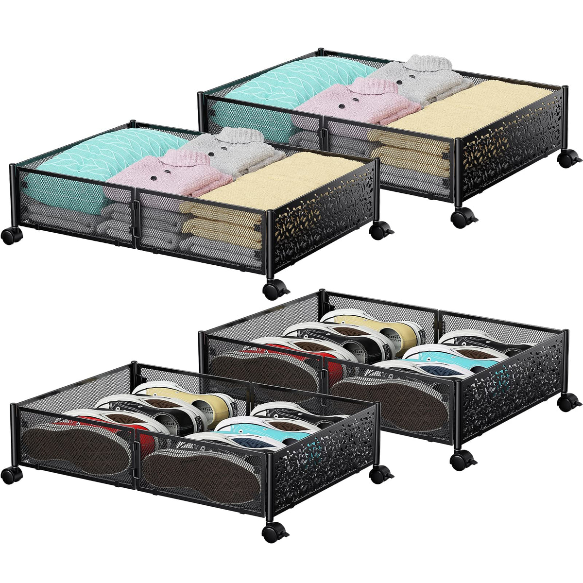 PHINOX Under Bed Storage Container with wheels,Patterned,Metal,2 Pack,Black