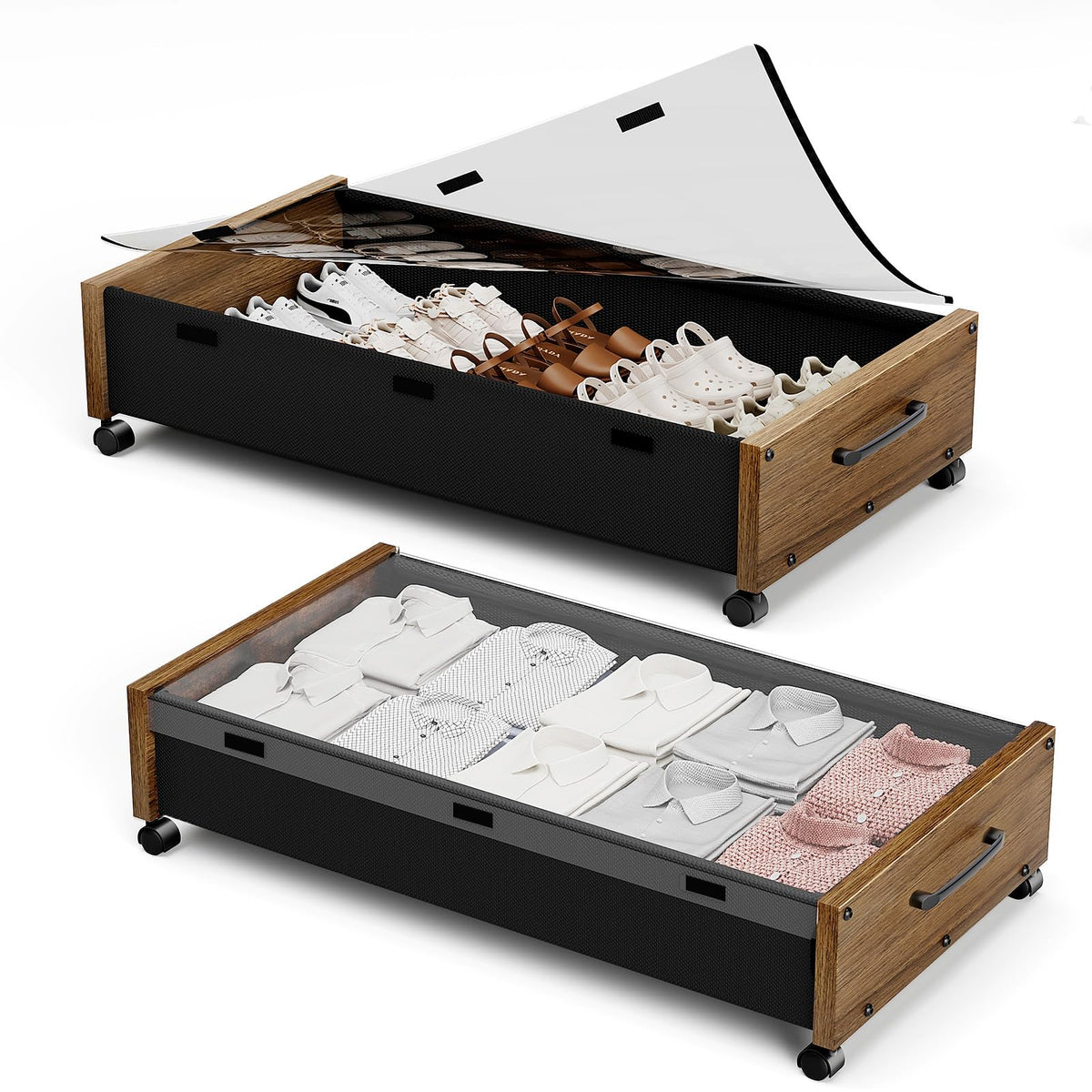 KITHELP Wooden Under Bed Storage with Wheels, Rolling Under the Bed Storage Bins with Removable Lid, Metal Under Bed Drawers for Clothes and Shoes in Bedroom or Living Room(Vintage Brown-2pack)