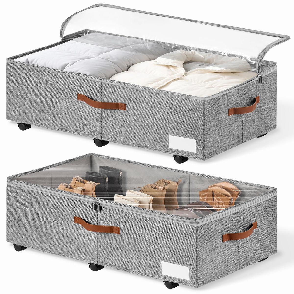 6 Inches Under Bed Storage with Wheels Pack of 2, Underbed Shoe Storage Container Bin with Clear Lid Cover, Rolling Under Bed Drawer Storage Bag Basket for Shoe Organizer Sheet Sweater - White