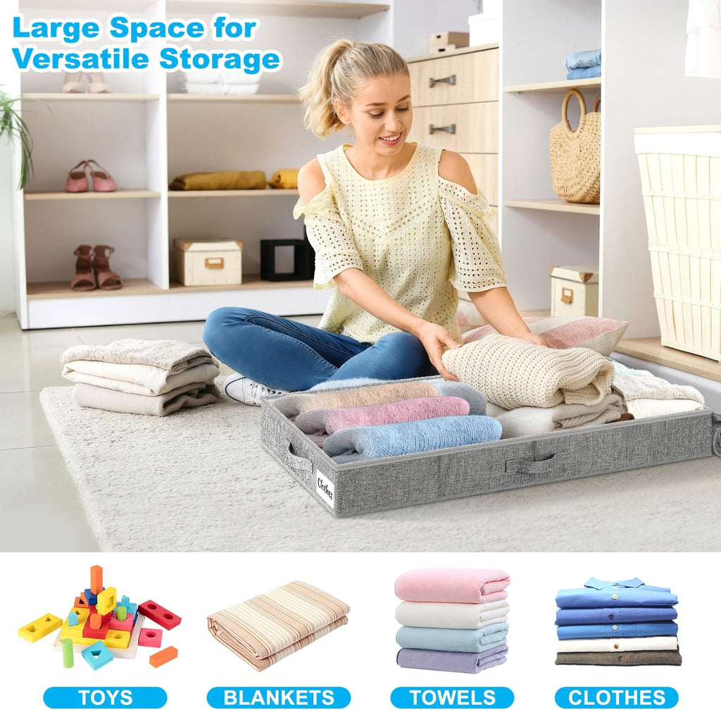 Under Bed Storage Container Bins 2 Pack, 4 Inch Thin Low Profile Underbed Clothes Storage Organizer for Dorm & Home, Use for Blanket and Toy Storage Box W/ Sturdy Bottom/Sides, Foldable Thick Fabric
