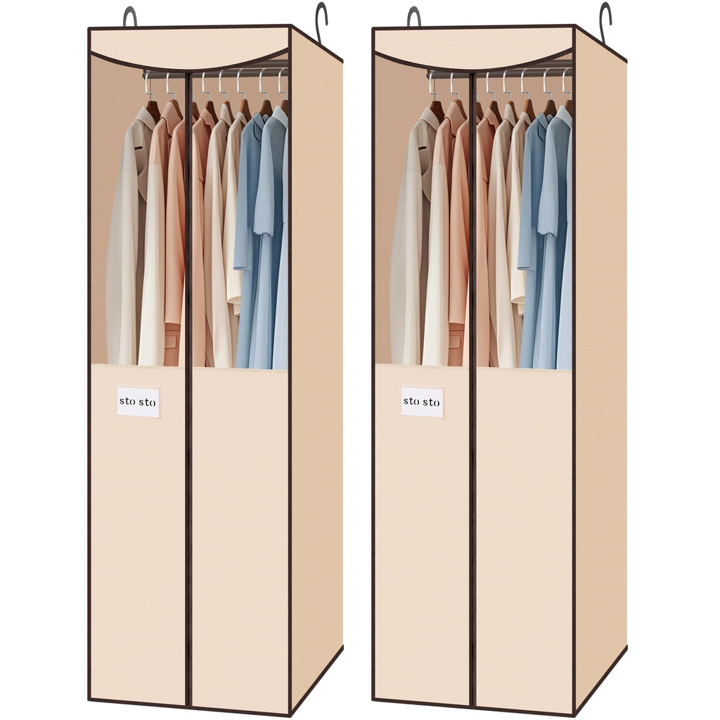 STO STO 2 Pack Garment Bag for Hanging Clothes Closet, Hanging Garment Cover with Built-in Steel Hanging Rod, Hanging Wardrobe Storage Bag for Suit, Dress with Clear Window, Zipper, ID Card, Gray