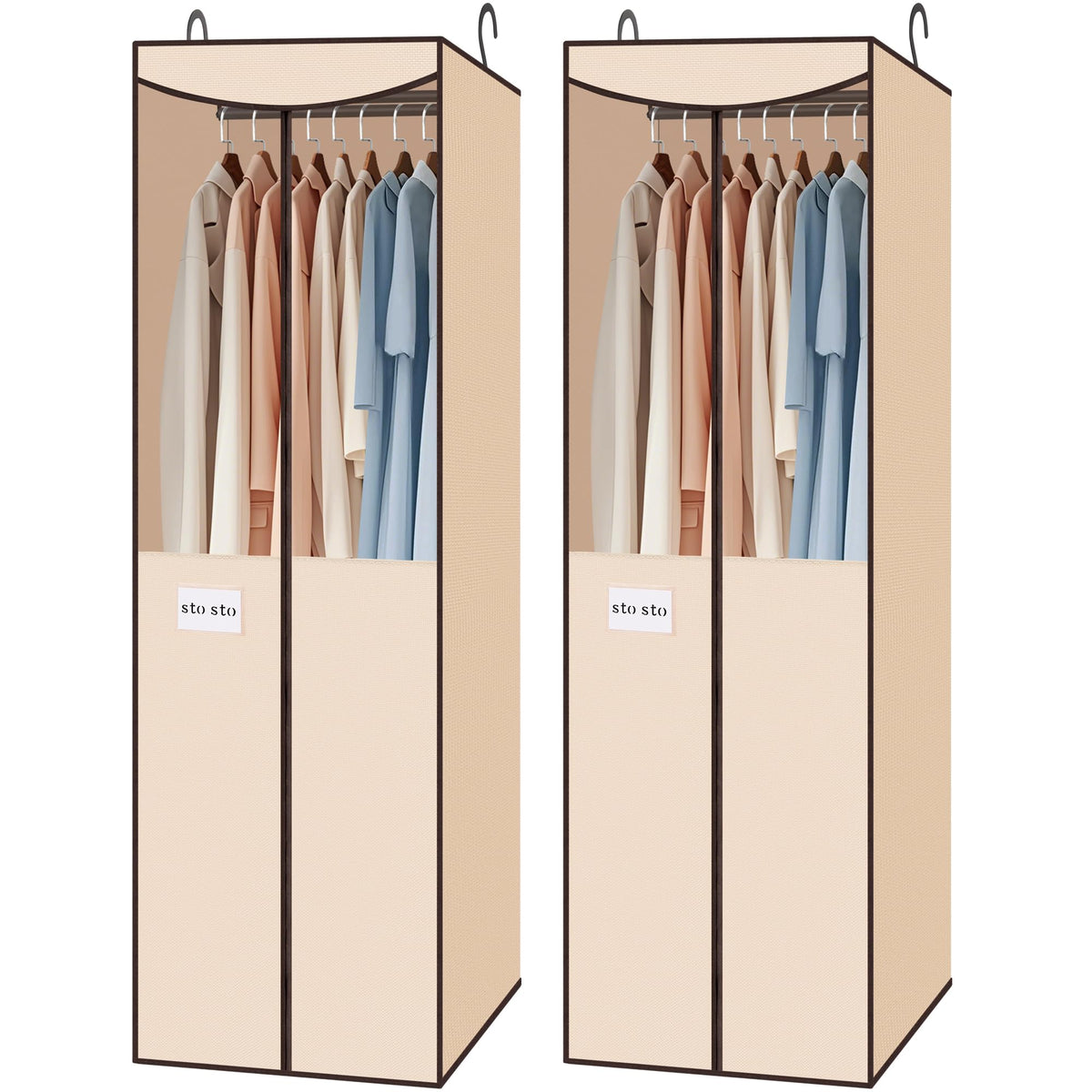 STO STO 2 Pack Garment Bag for Hanging Clothes Closet, Hanging Garment Cover with Built-in Steel Hanging Rod, Hanging Wardrobe Storage Bag for Suit, Dress with Clear Window, Zipper, ID Card, Gray