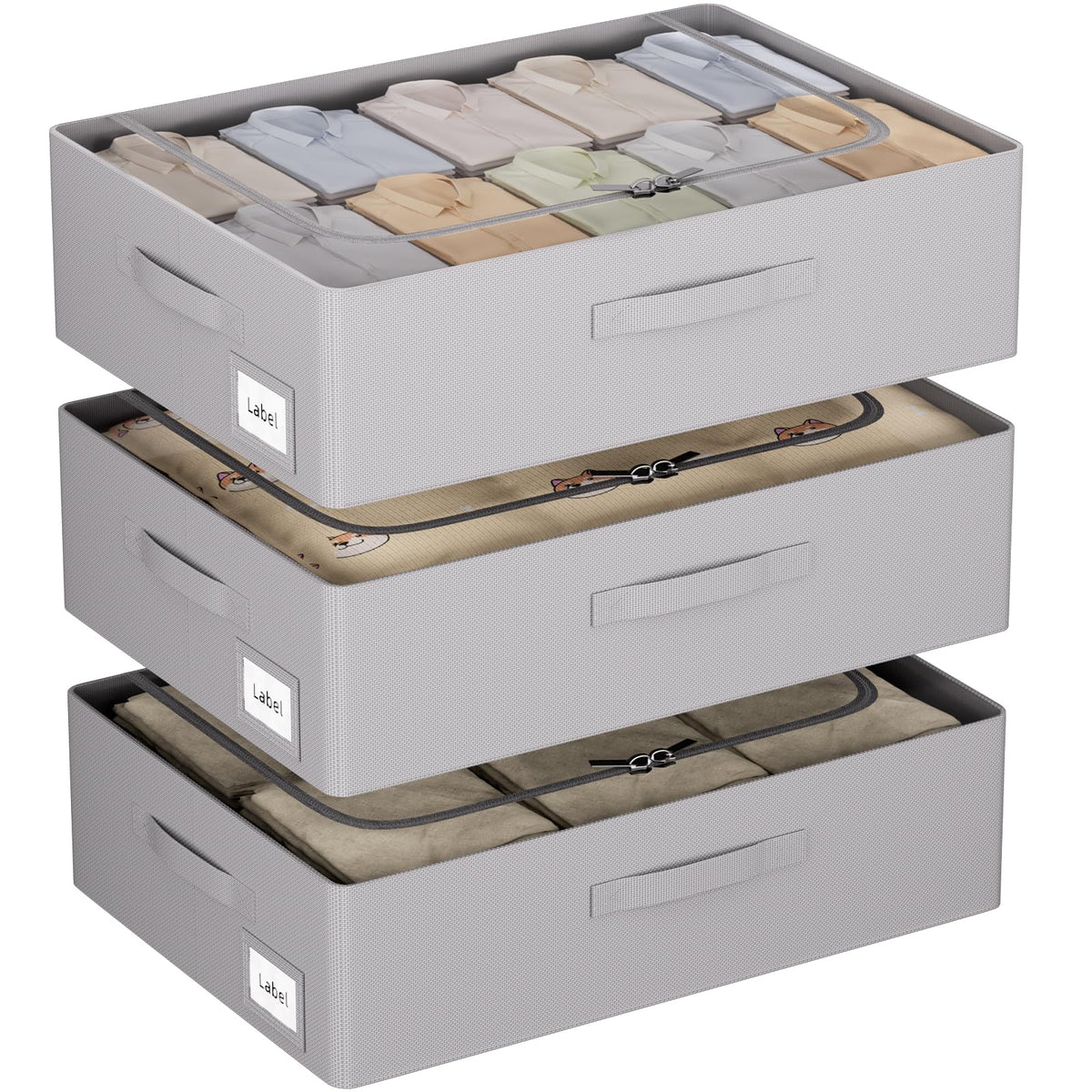 CYhom 3Pcs Under Bed Storage Bins with Metal Frame - Shoe Organizer for Closet with Clear Cover Oxford Fabric Sturdy Underbed Container Foldable Stackable Clothes Organizer (Beige, 23.5x11.8x6.3)