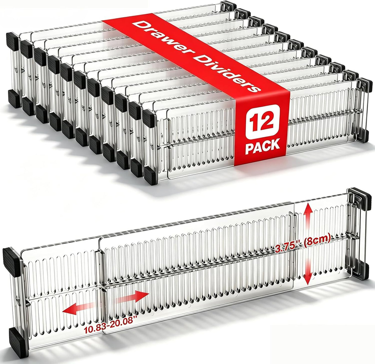 12 Pack Drawer Dividers for Clothes, 3.75" High, 10.83-20.08'' Adjustable