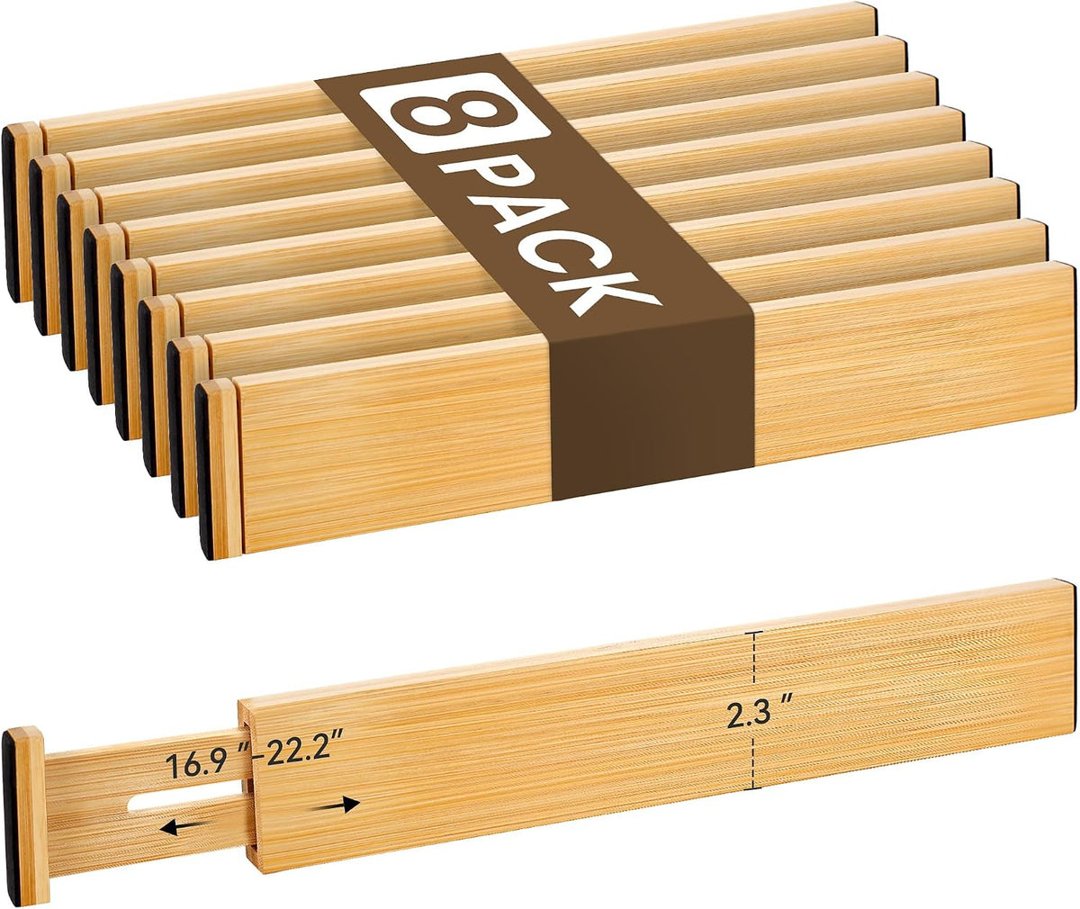 Adjustable Bamboo Drawer Dividers of 8, Expandable Organizers (16.9"-22.2")
