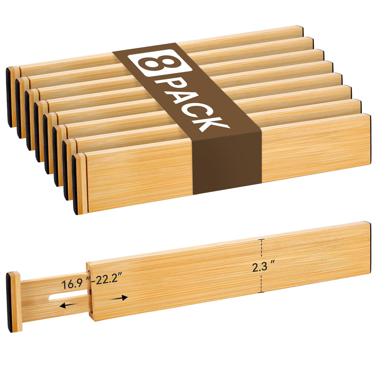 Adjustable Bamboo Drawer Dividers of 8, Expandable Organizers (16.9"-22.2")