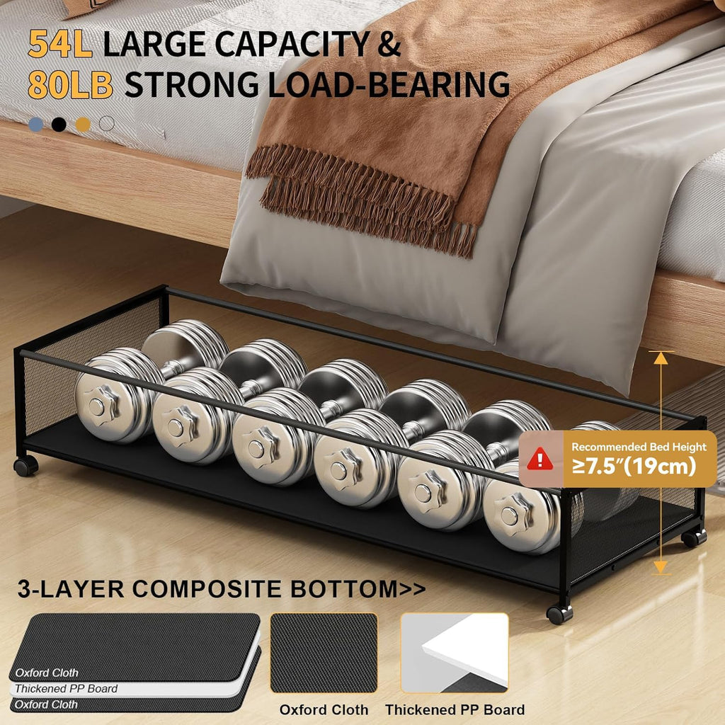 Under Bed Storage Containers with Wheels Large Underbed Shoes Blankets Clothes Toy Storage Drawers for College Dorms Bedrooms Nursery Rooms Organization (Black 2 Pack, 7.5in height(36"x16.6"x7.48"))