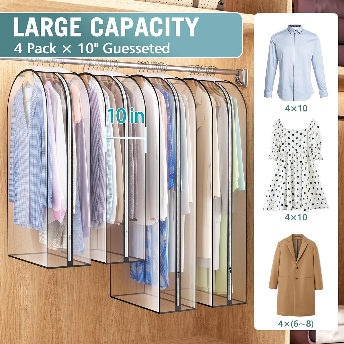 Liuoud Clear Garment Bags for Hanging Clothes 10” Gusseted, 4 Pack, 40”&50”