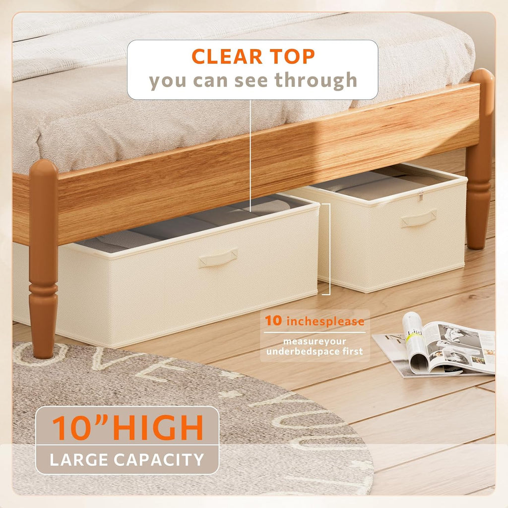 10inch 3 Pack Under Bed Storage Containers, 10 Inch Tall Underbed Clothes Storage Organizer Bin with Clear Window，Foldable Box Basket for Clothes, Closet, Bed Sheets and Blankets Beige