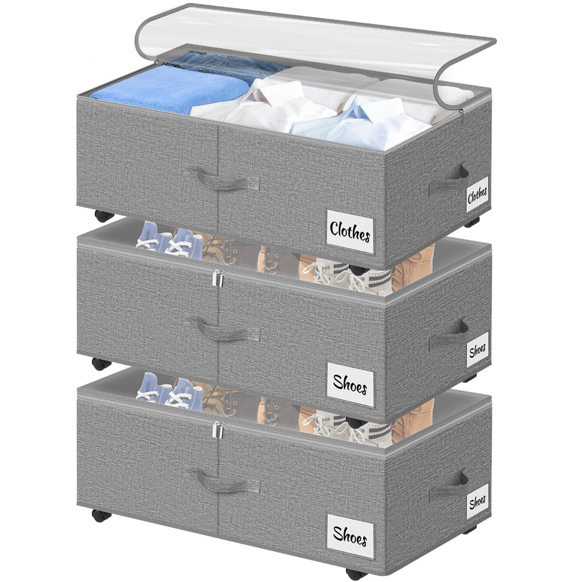 Under Bed Storage with Wheels, 2-Pack 10" Height XXL 75L Rolling Storage Bins, Quick Assembly Underbed Shoe Storage Containers with Clear Lid & Label, Dorm Under Bed Drawers for Clothes, Shoes, Black