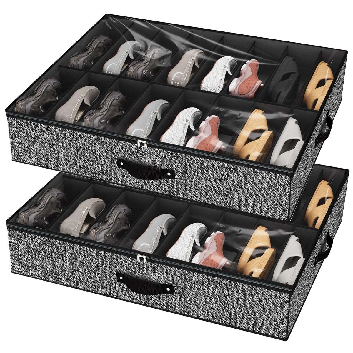 homyfort 32 Pairs Shoe Organizer Under Bed, Underbed Shoe Storage Boxes Bins, Organizador De Zapatos, Extra Large Zapateras Organizer, Grey, Set of 2