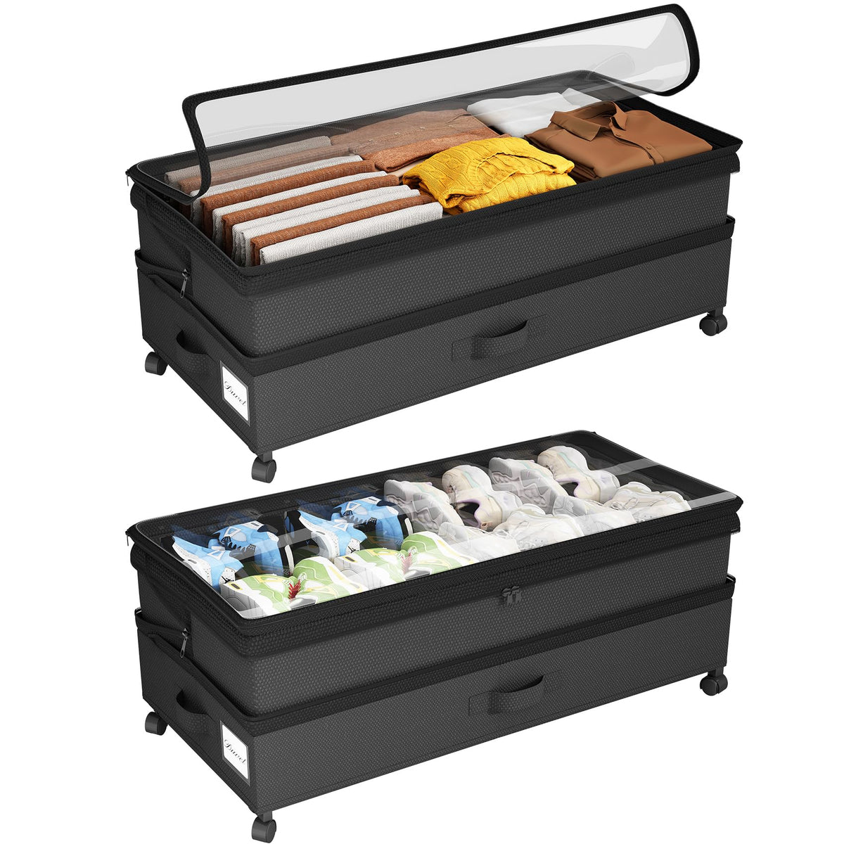 Kitstorack Under Bed Storage with Wheels 2Pack Height-adjustable Under Bed Storage Containers,Under Bed Shoe Storage Organizer with Clear Window&Label, Suitable for Clothes Storage, Gray