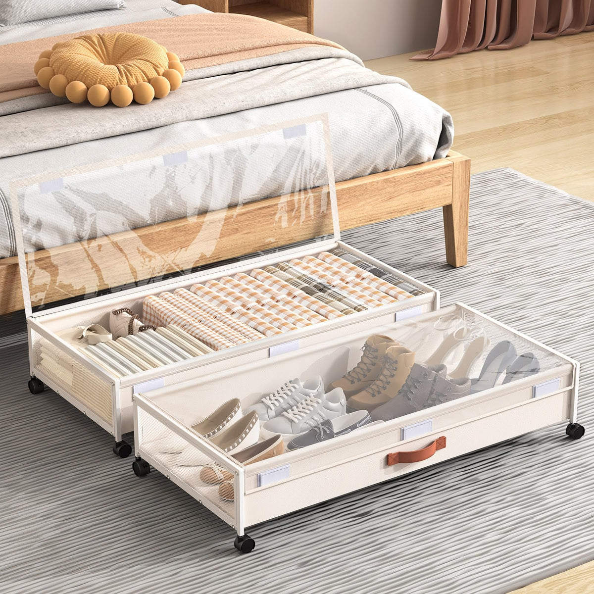 Under Bed Storage Containers with Wheels Large Underbed Shoes Blankets Clothes Toy Storage Drawers for College Dorms Bedrooms Nursery Rooms Organization (Black 2 Pack, 7.5in height(36"x16.6"x7.48"))