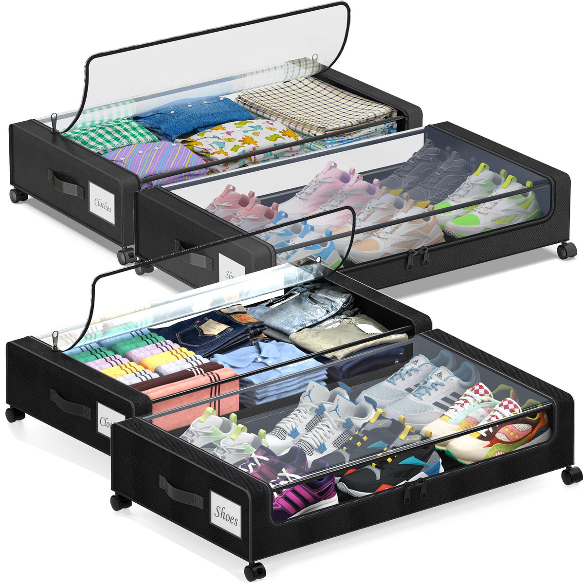 Under Bed Storage with Wheels, 2 Pack Under Bed Storage Containers with Clear Lids, XXL 65L Under Bed Storage Organizer, Rolling Under Bed Metal Drawer for Blanket, Clothes, Shoes (31 x 17 x 6.69 in)