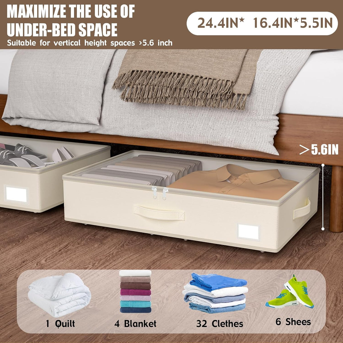 EE-RoomWorld Under Bed Storage with Wheels, No Assemble Required 5.5 inches height beige under bed storage bins,Low Profile Rolling Underbed Shoe Storage containers，dorm underbed storage drawers
