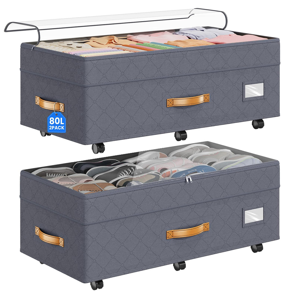 Budding Joy 80L 2 Pack Adjustable Under Bed Storage with Wheels