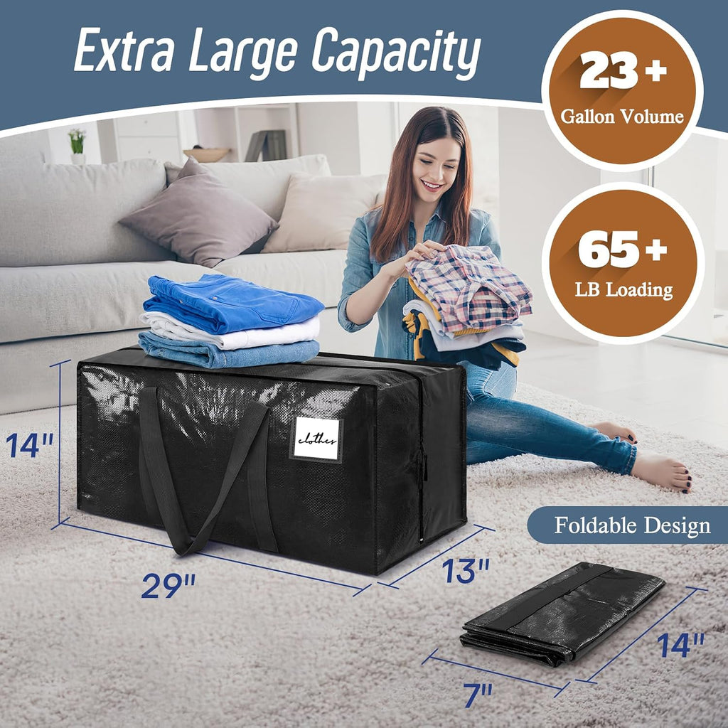 6 Pack Extra Heavy Duty Large Moving Bags with Strong Zipper, Black