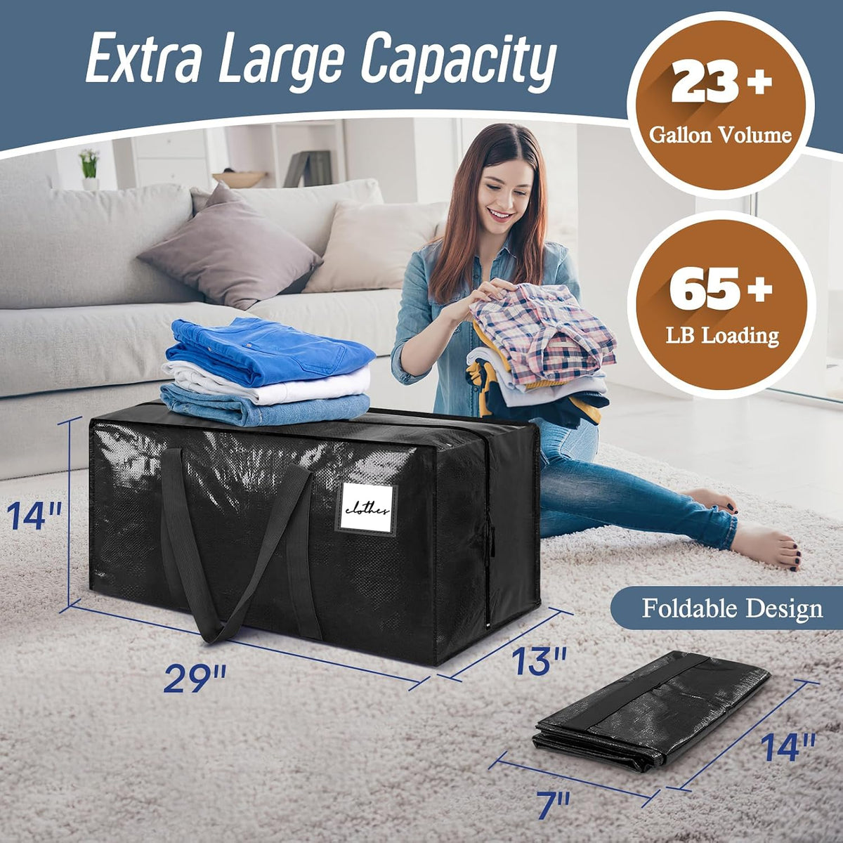 6 Pack Extra Heavy Duty Large Moving Bags with Strong Zipper, Black