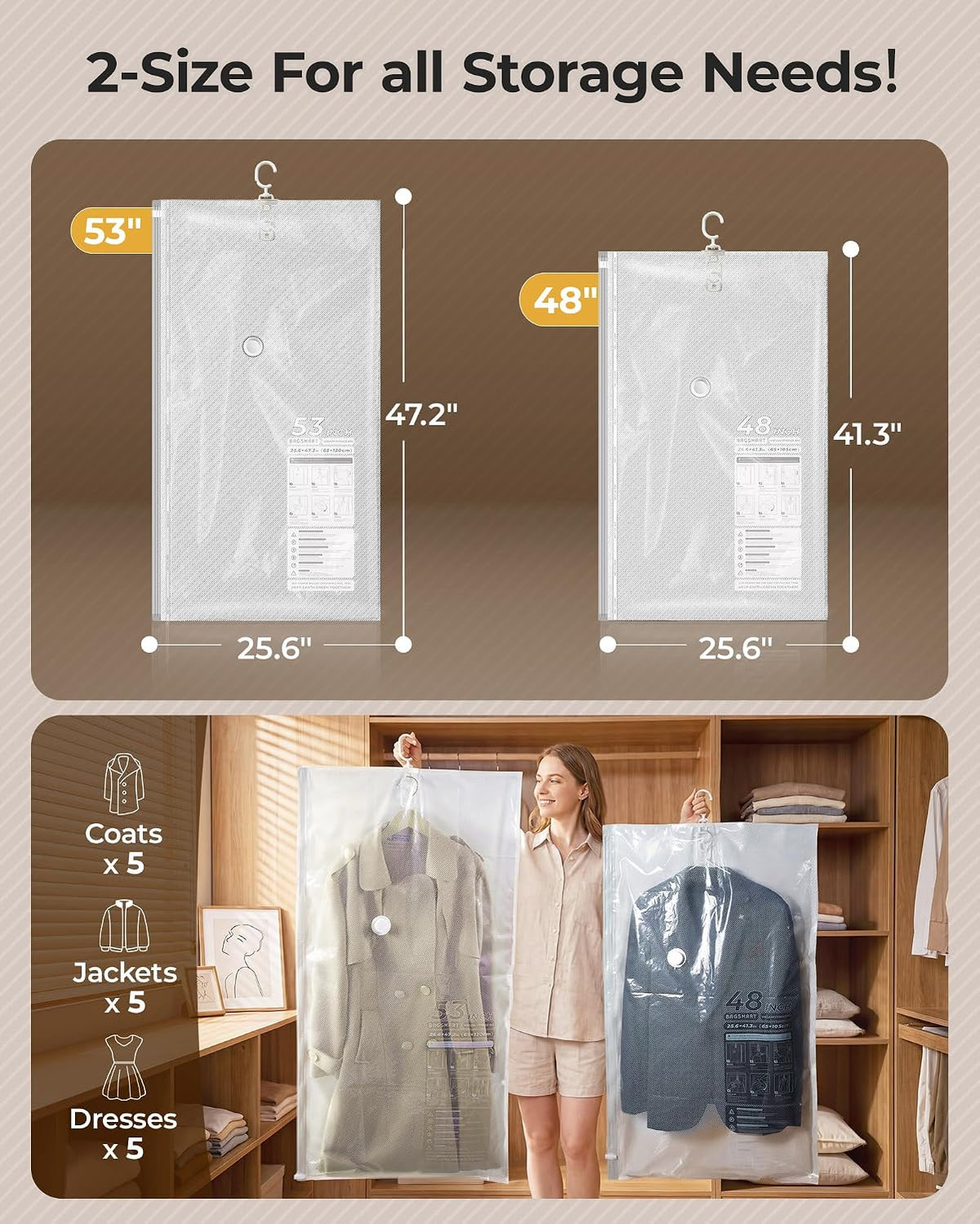 BAGSMART Hanging Vacuum Storage Bags For Clothes, Hand Pump Included