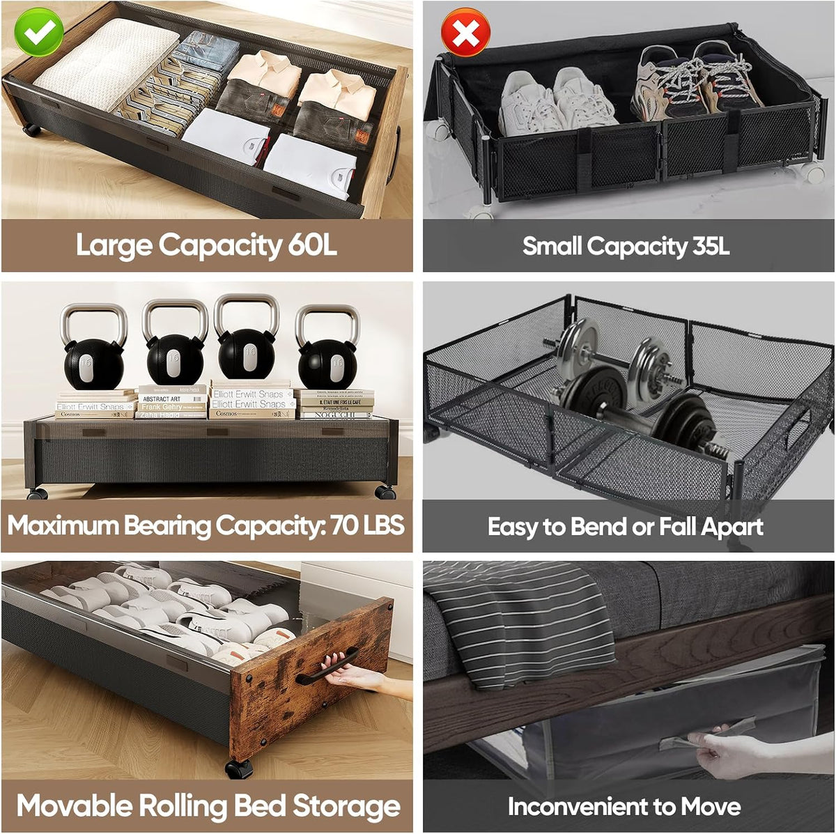 KITHELP Wooden Under Bed Storage with Wheels, Rolling Under the Bed Storage Bins with Removable Lid, Metal Under Bed Drawers for Clothes and Shoes in Bedroom or Living Room(Vintage Brown-2pack)