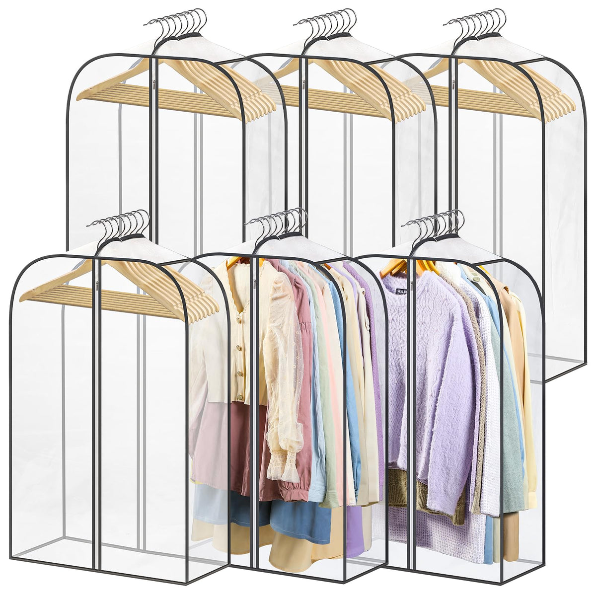 LANDNEOO 6 Pack Clear Garment Bags for Hanging Clothes with Zippers on Double Sides - 10'' Clothes Storage for Coat, Dress, and Fur in Closet - 40'' Long Suit Bags
