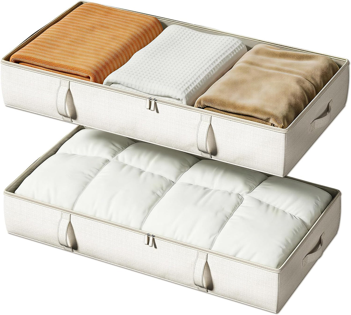 Vailando Side-Supported Under Bed Storage Containers, 6 Inches Tall 60L Underbed Storage Bins with Sturdy Handles and Sidewalls, Closet Organizer for Clothes, Blankets, Seasonal Items, Beige, 2-Pack