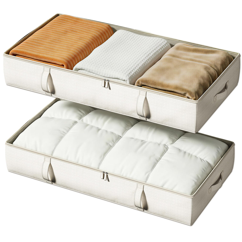 Vailando Side-Supported Under Bed Storage Containers, 6 Inches Tall 60L Underbed Storage Bins with Sturdy Handles and Sidewalls, Closet Organizer for Clothes, Blankets, Seasonal Items, Beige, 2-Pack