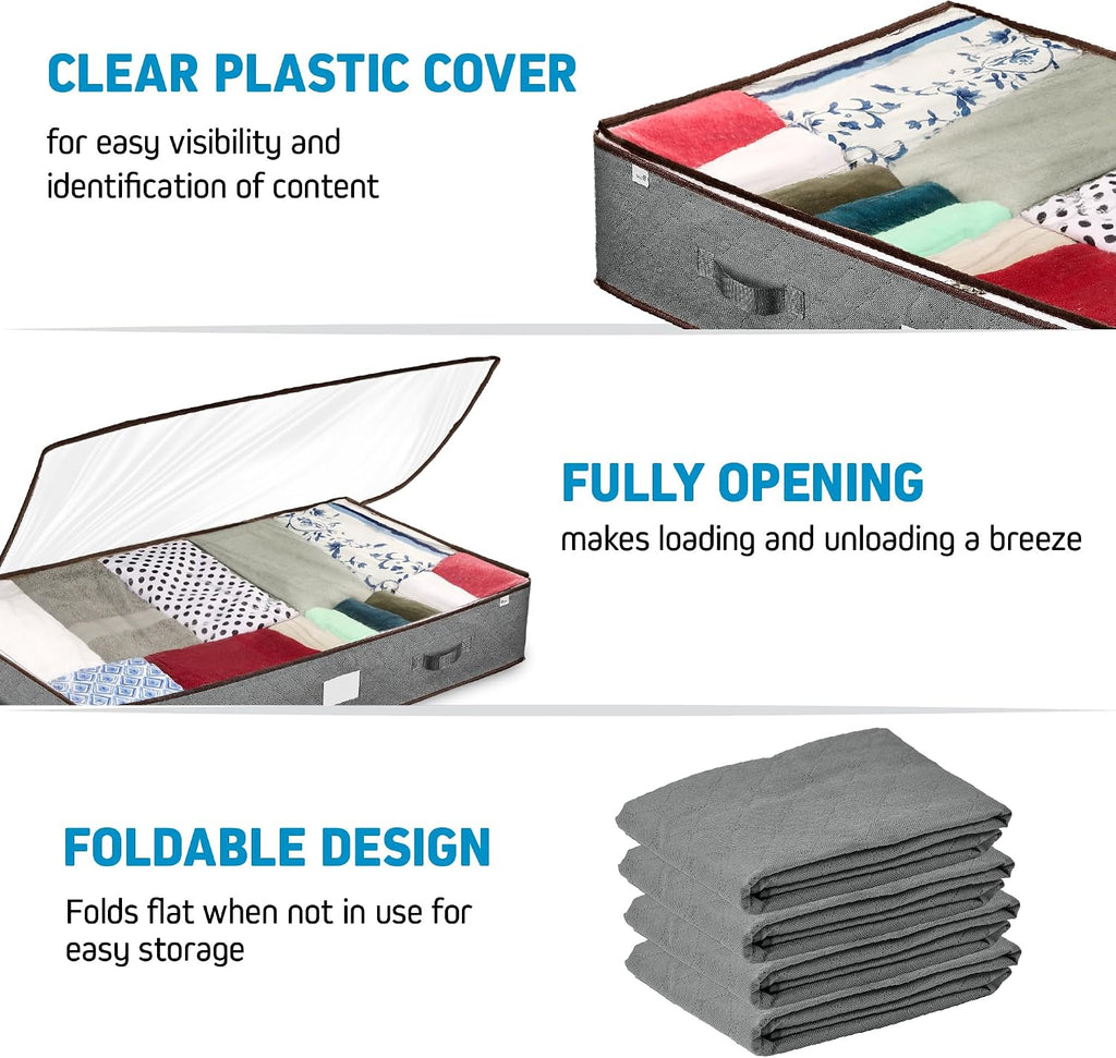 ZOBER Under Bed Storage Bags, Underbed Storage Containers, Gray, 90L 4-Pack