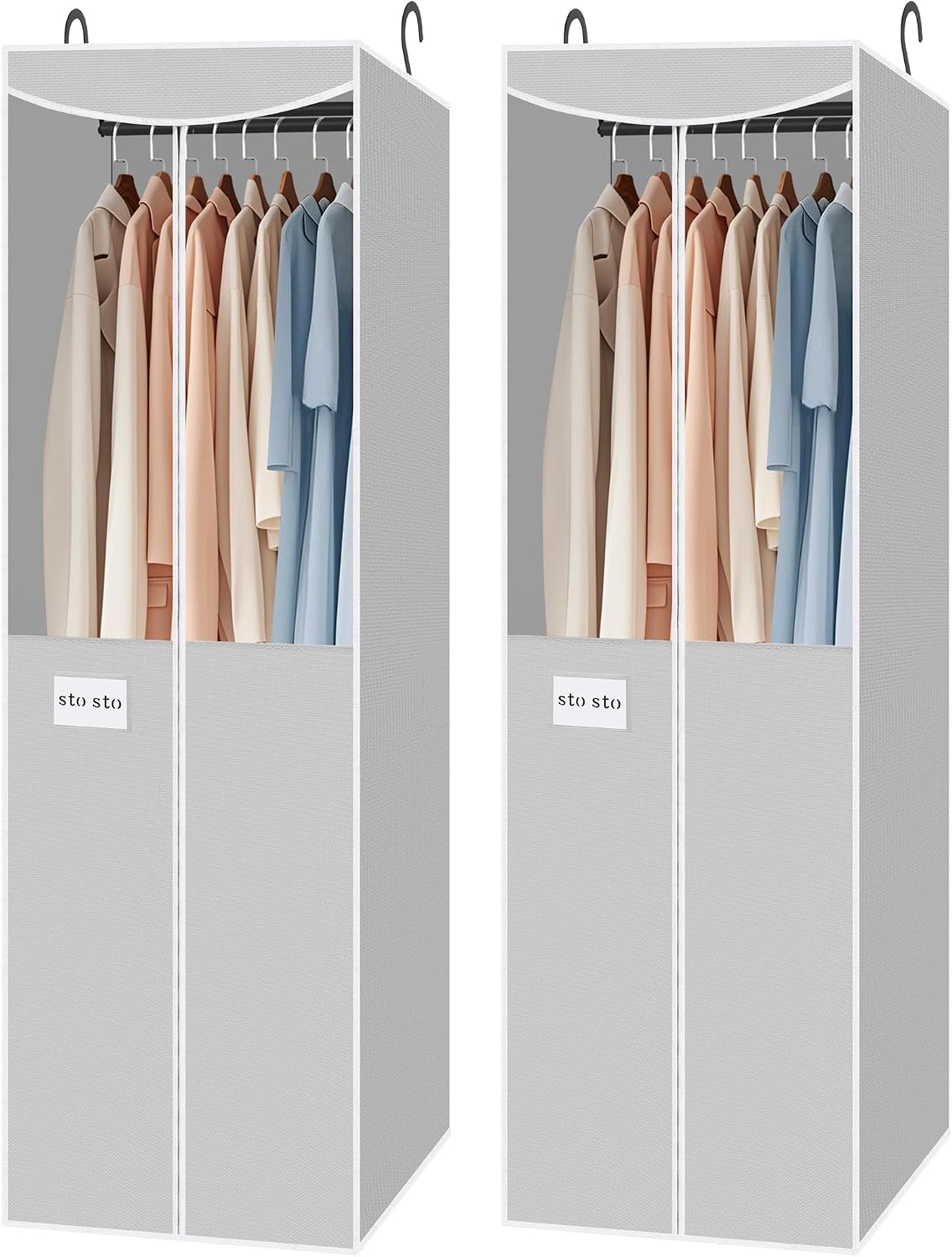 STO STO 2 Pack Garment Bag for Hanging Clothes Closet, Hanging Garment Cover with Built-in Steel Hanging Rod, Hanging Wardrobe Storage Bag for Suit, Dress with Clear Window, Zipper, ID Card, Gray