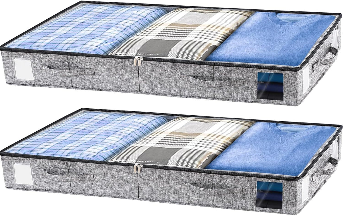 combocube 2 Pack Under Bed Storage Containers, 4.5" Low Profile Underbed Storage Bins with Sturdy Support, Stackable Space Saving Organizer with 4 Handles & Label Windows for Shoes Clothes Blankets