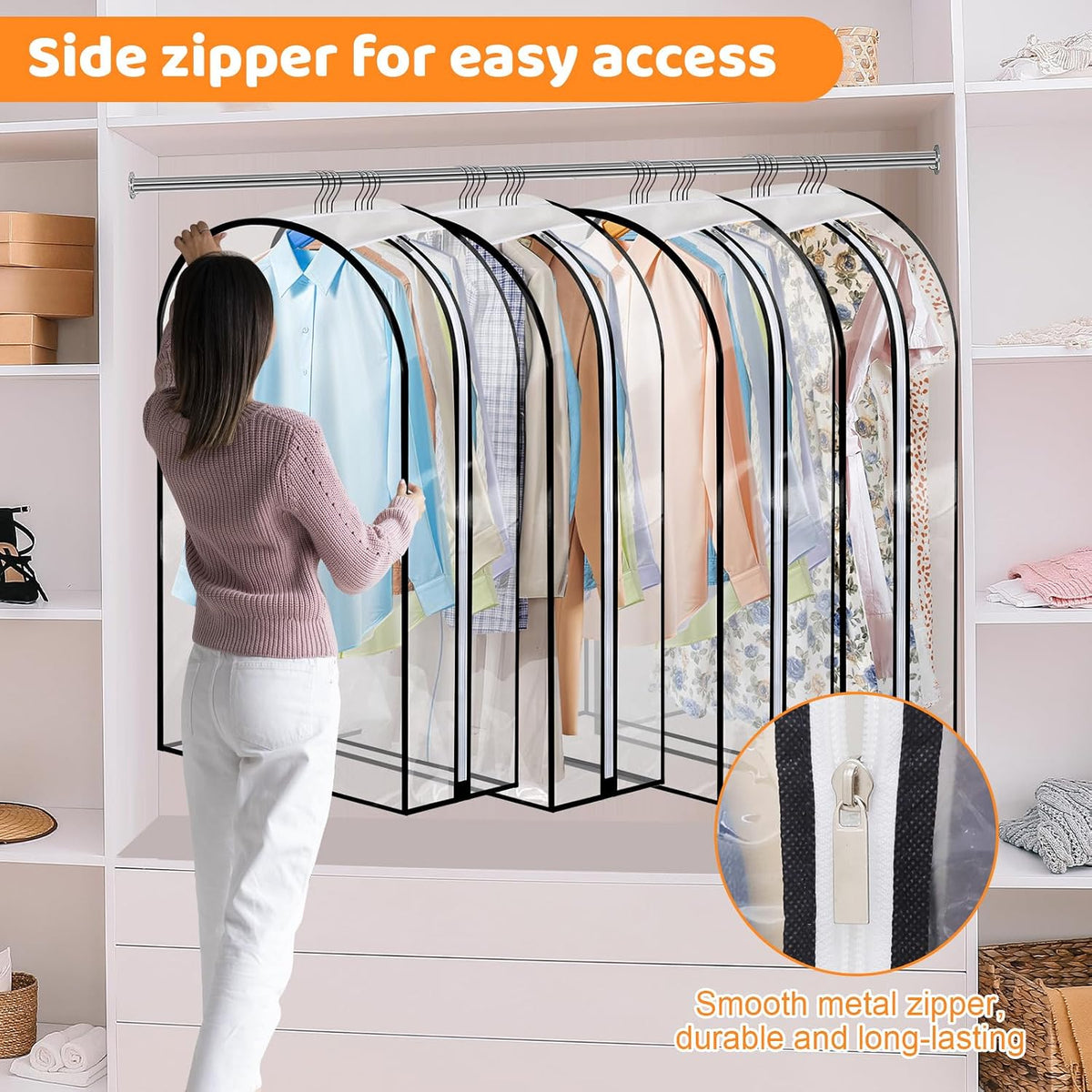 4 Pack Clear Garment Bags, 40" With 10" Gusset, Side Zipper