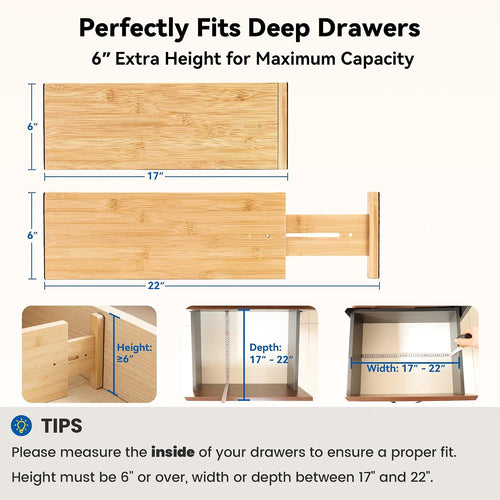 4 Pack 6" Deep Bamboo Drawer Dividers, 17-22" Expandable Kitchen Organizers