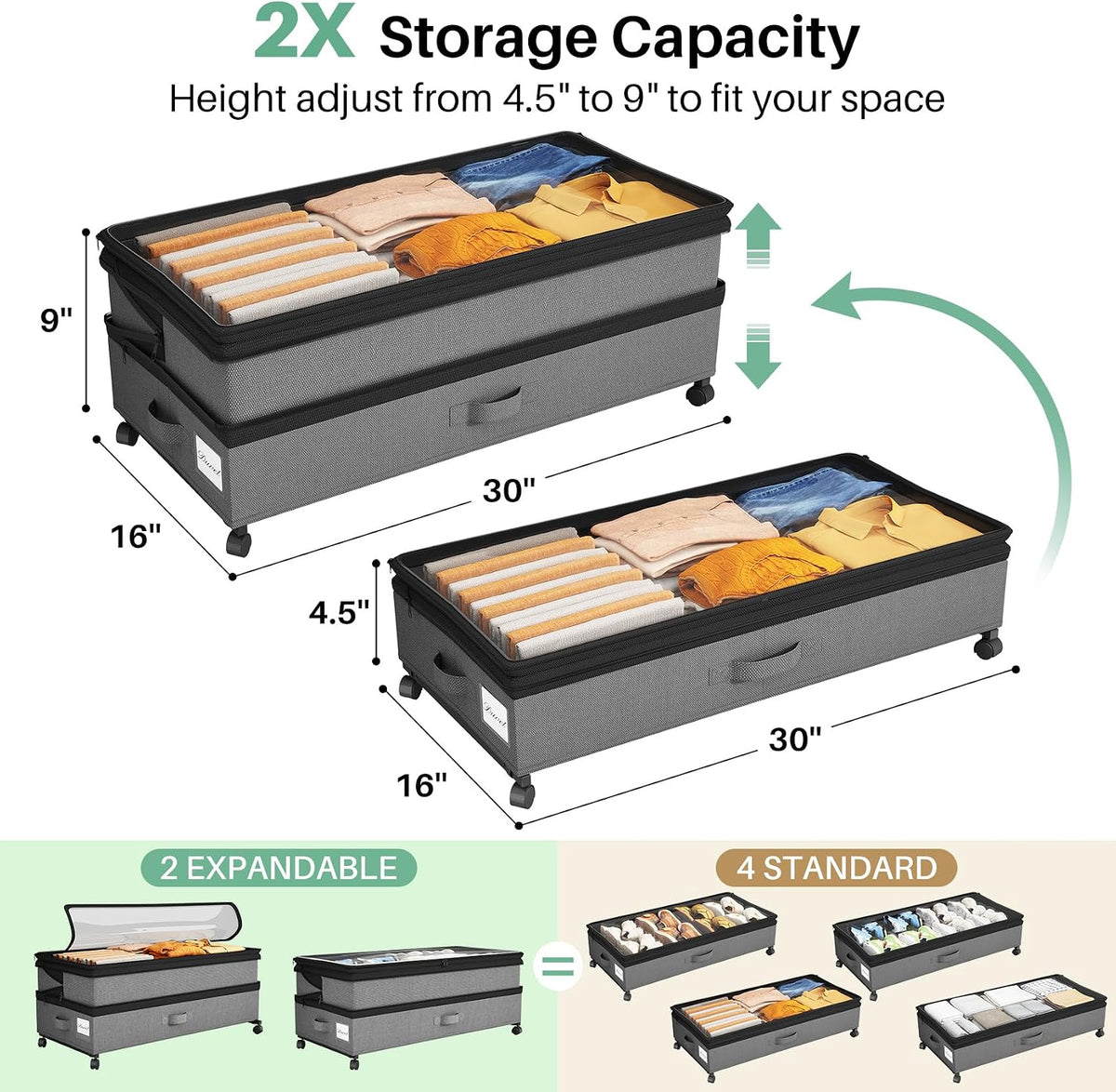 Kitstorack Under Bed Storage with Wheels 2Pack Height-adjustable Under Bed Storage Containers,Under Bed Shoe Storage Organizer with Clear Window&Label, Suitable for Clothes Storage, Gray