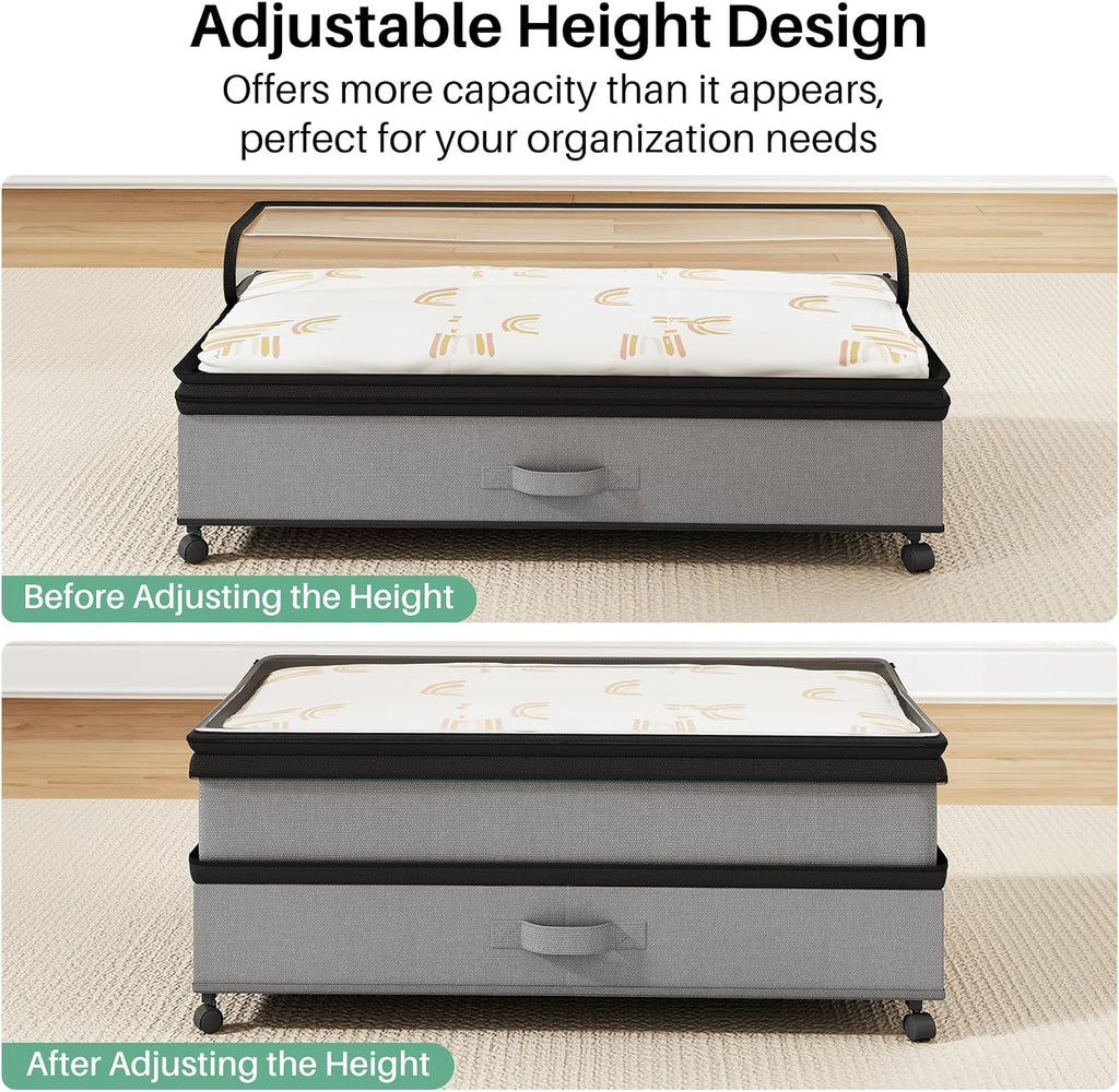 Kitstorack Under Bed Storage with Wheels 2Pack Height-adjustable Under Bed Storage Containers,Under Bed Shoe Storage Organizer with Clear Window&Label, Suitable for Clothes Storage, Gray