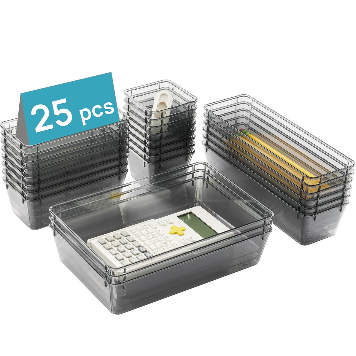 Vtopmart 25 PCS Clear Plastic Drawer Organizers Set, 4-Size Versatile Bathroom and Vanity Drawer Organizer Trays, Storage Bins for Makeup, Bedroom, Kitchen Gadgets Utensils and Office