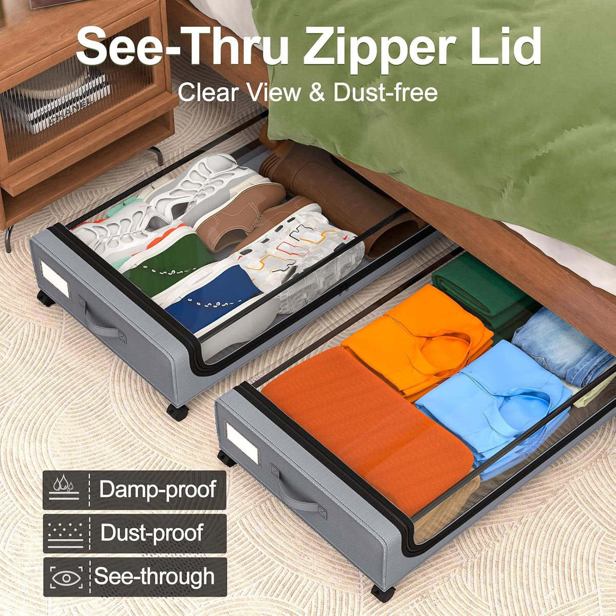 GoMaihe Under Bed Storage with Wheels 48L Grey 2-Pack