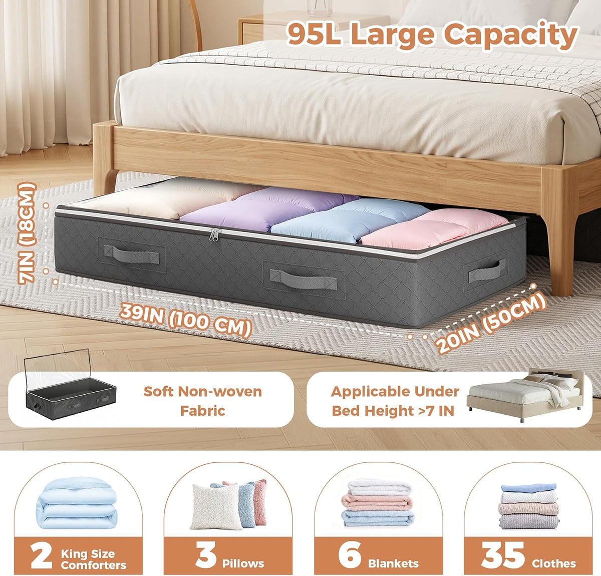 Budding Joy 95L Under Bed Storage Containers, 6 Pack Storage Bins, Grey