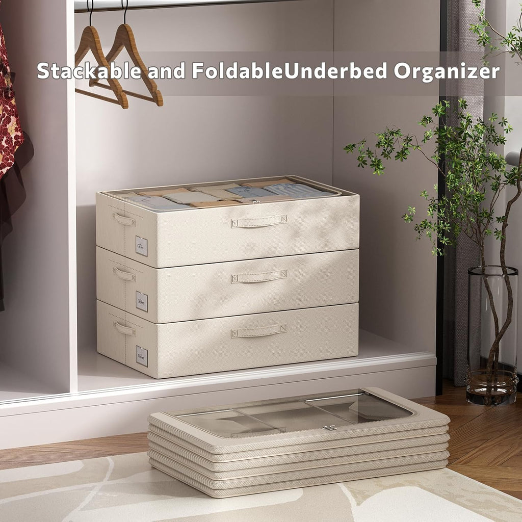 CYhom 3Pcs Under Bed Storage Bins with Metal Frame - Shoe Organizer for Closet with Clear Cover Oxford Fabric Sturdy Underbed Container Foldable Stackable Clothes Organizer (Beige, 23.5x11.8x6.3)