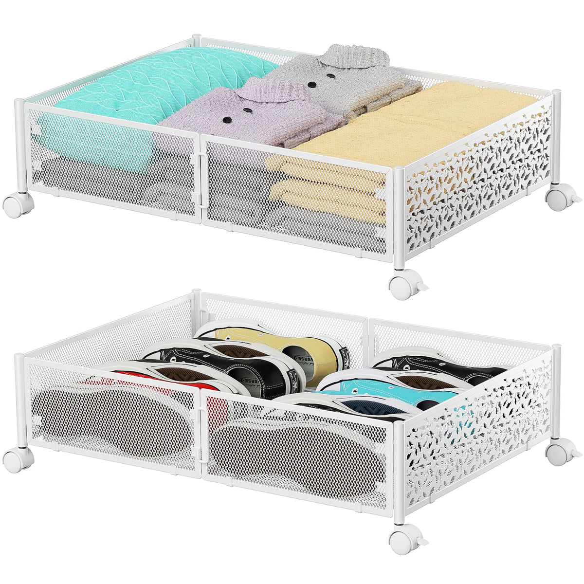 PHINOX Under Bed Storage Container with wheels,Patterned,Metal,2 Pack,Black