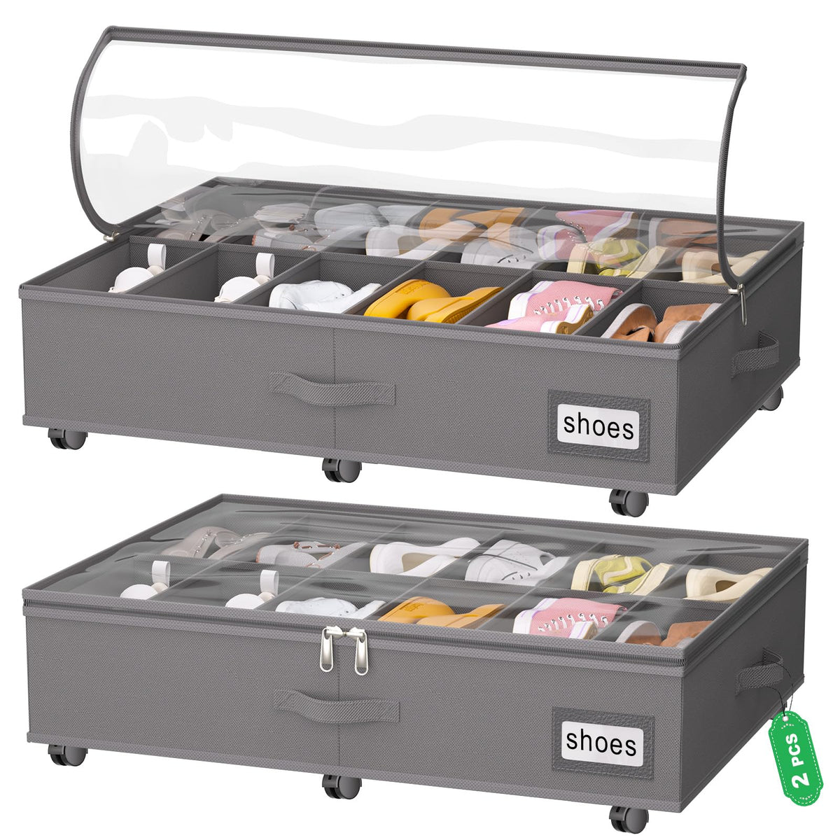 homyfort Under Bed Shoe Storage with Wheels, Fits 24 Pairs, Rolling Shoe Organizer with Bottom Support & Clear Lids, Sturdy Under Bed Storage Box for Shoes, Set of 2, Grey