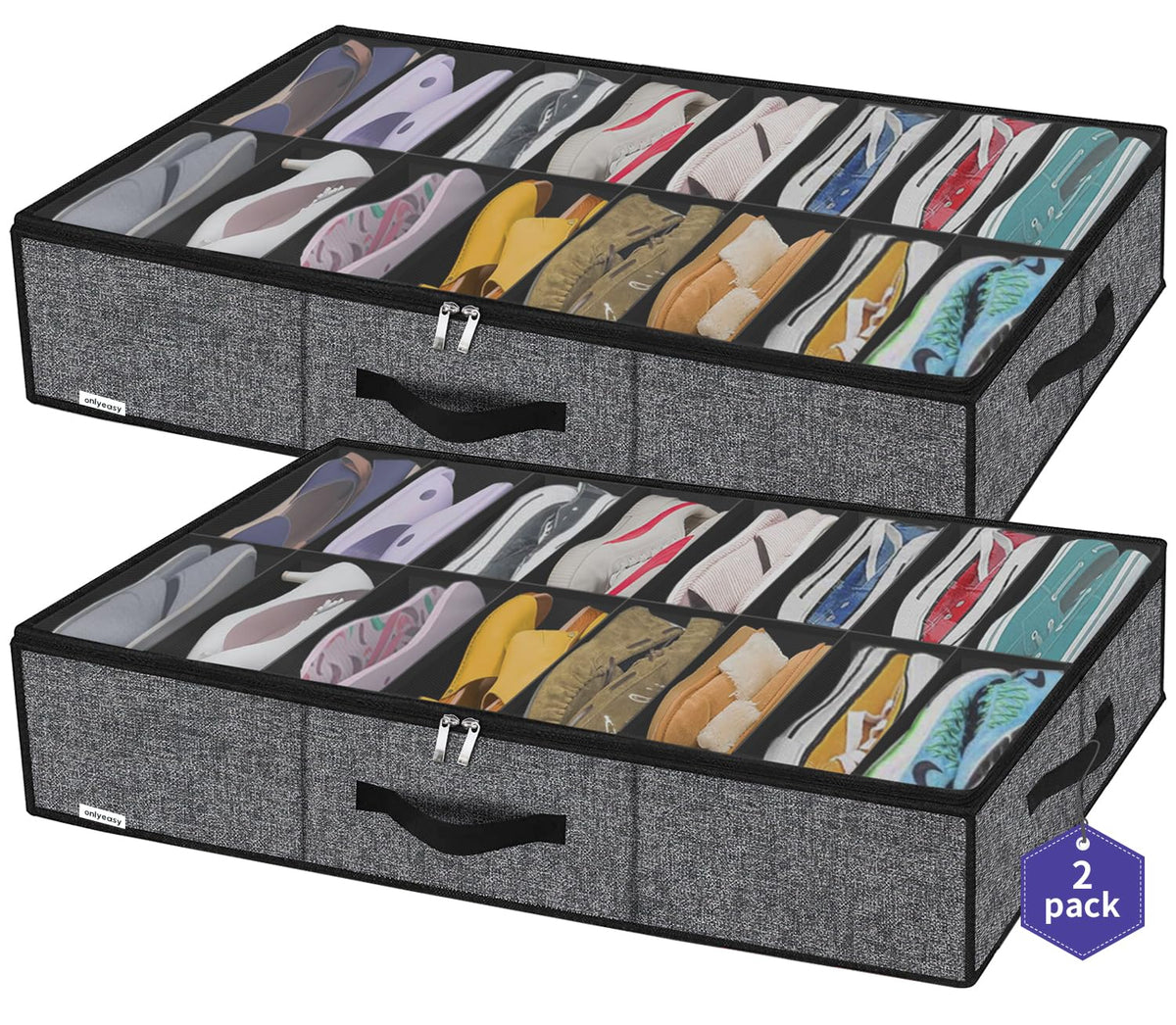 Onlyeasy Sturdy Under Bed Shoe Storage Organizer, Set of 2, Fit 12 to 24 Pairs, Underbed Shoes Closet Storage Solution with Clear Window, Breathable, L29.3 x W23.6 x H5.9, Linen-like Black, MXAUBSB2P