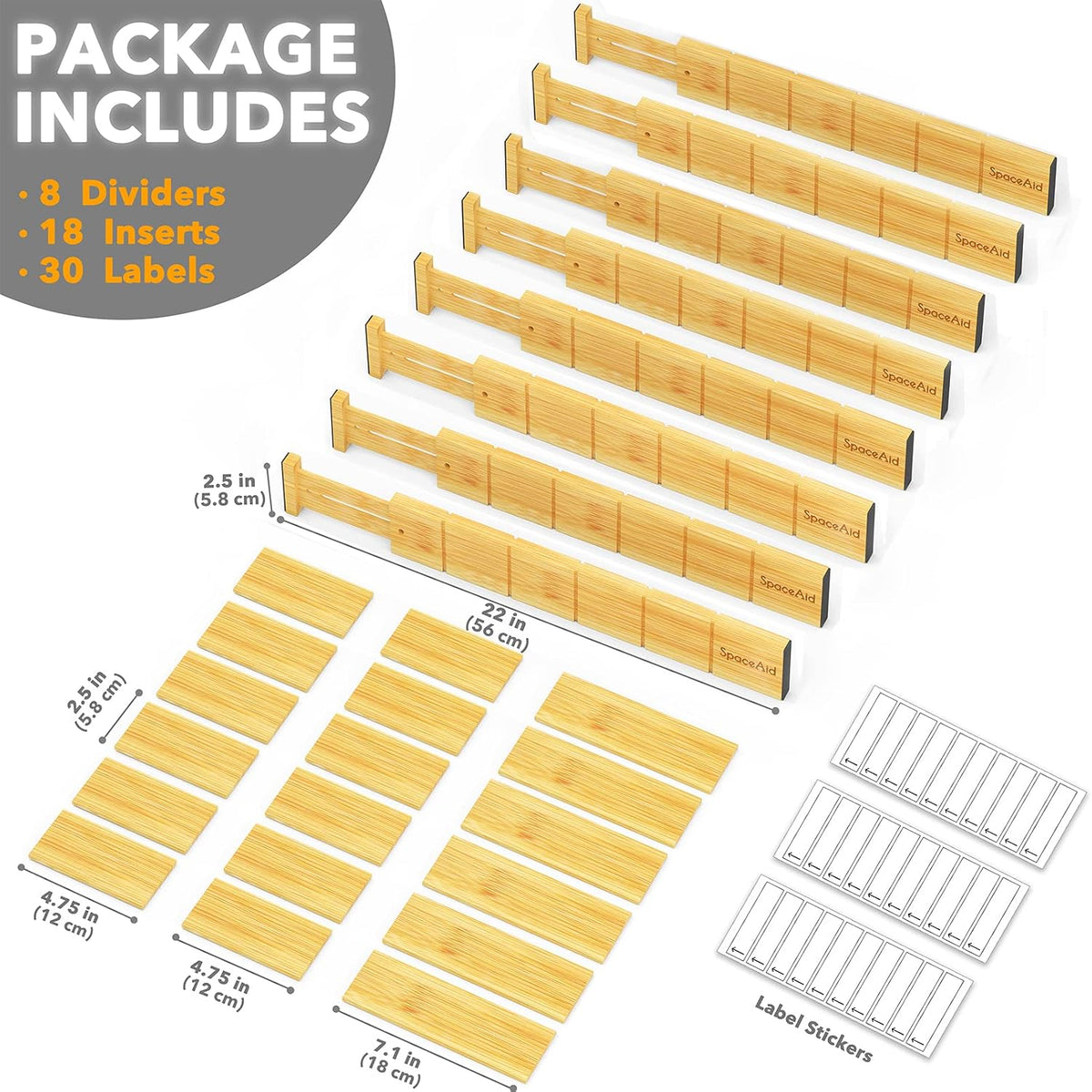 SpaceAid Bamboo Drawer Dividers with Inserts and Labels, Kitchen Adjustable Drawer Organizers, Expandable Organization for Home, Office, Dressers and Bathroom, 8 Dividers with 18 Inserts (17-22 in)