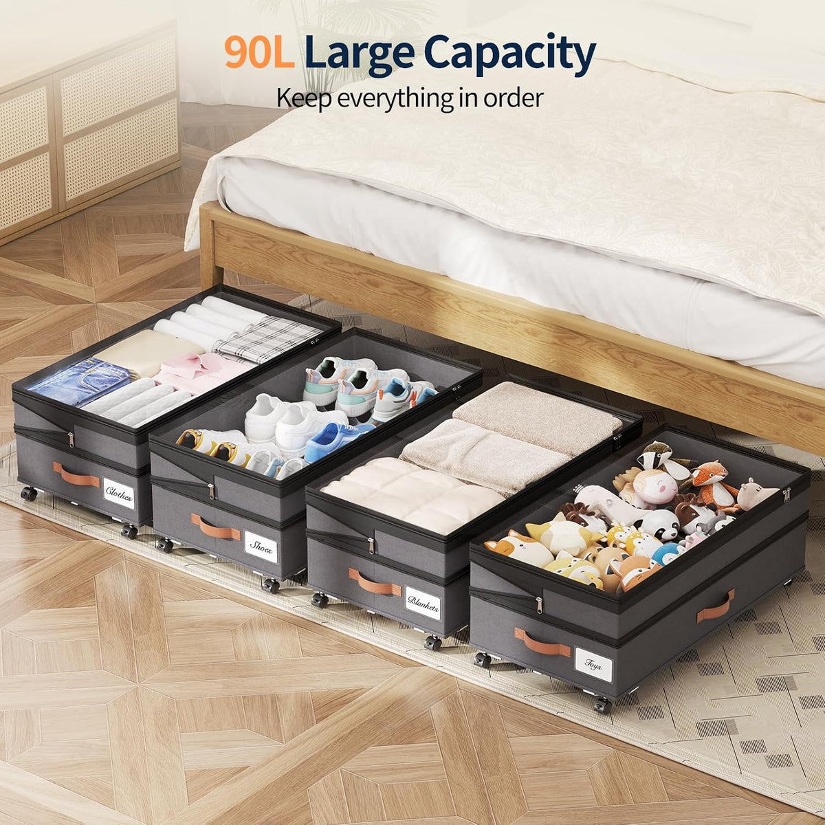Yecaye 90L Under Bed Storage with Wheels, Height Adjustable, 2 Pack, Grey