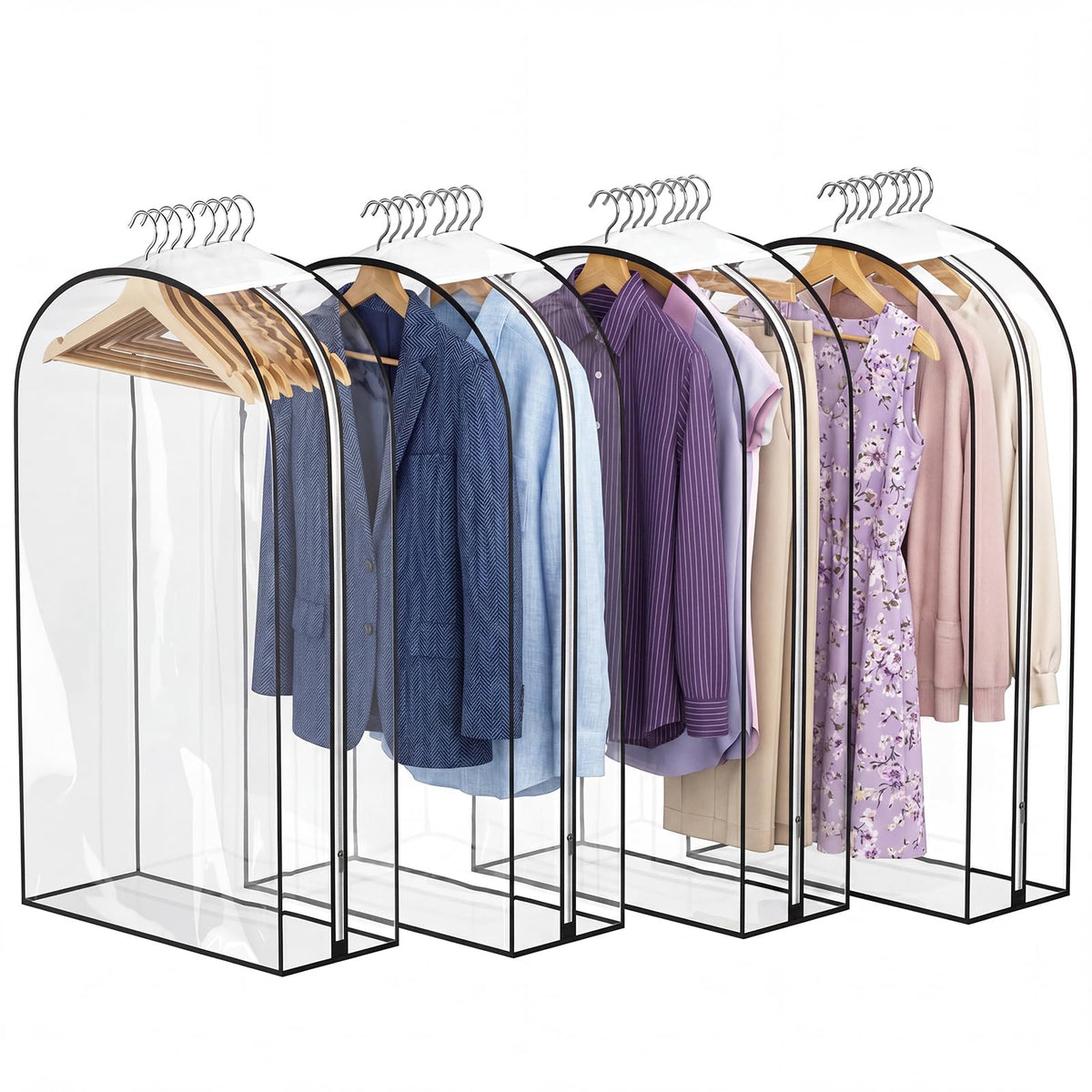 4 Pack Clear Garment Bags, 40" With 10" Gusset, Side Zipper