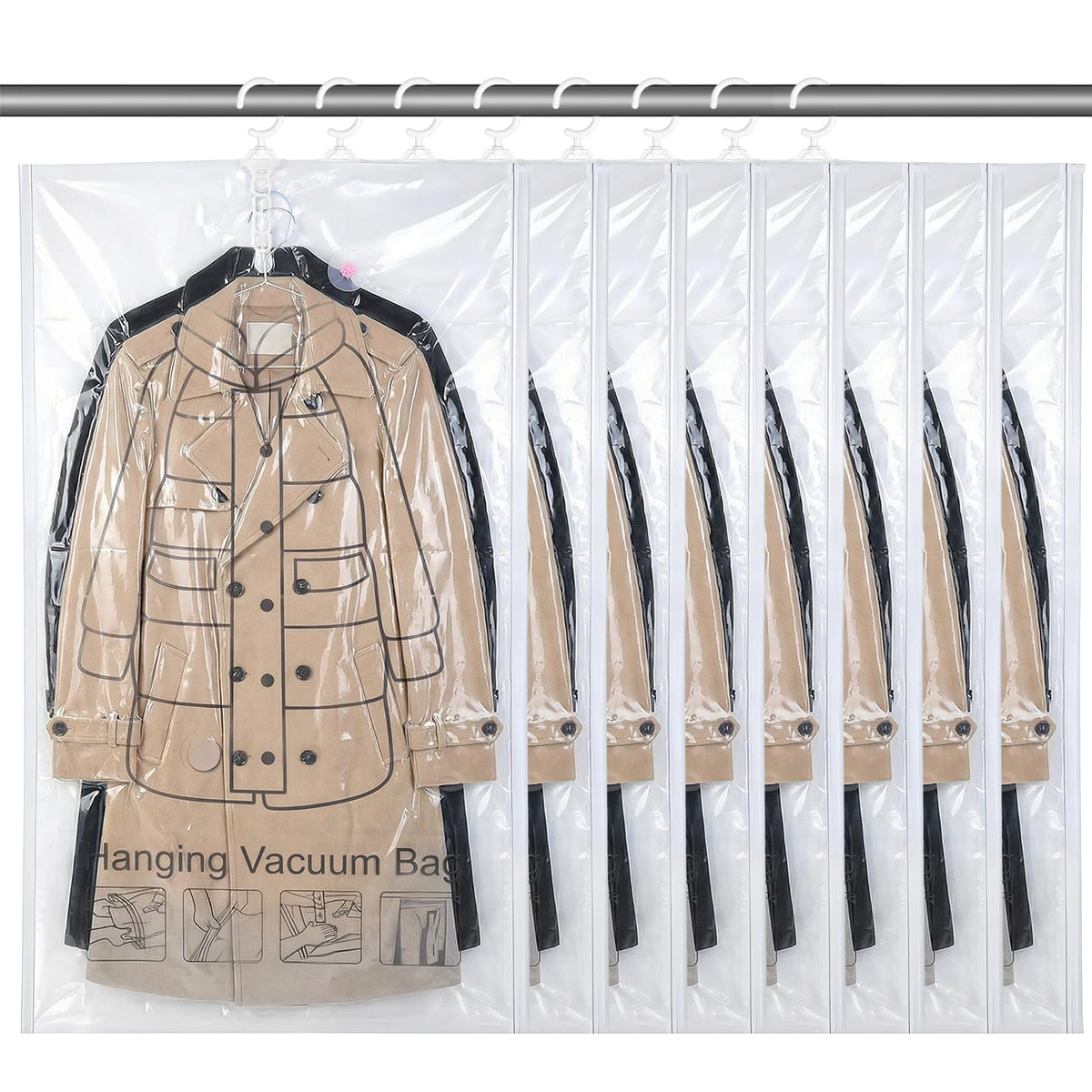 6 Pcs Hanging Vacuum Seal Bags for Clothing, Reusable Compressed Space Saver Vacuum Storage Bags 43.3 x27.6 Inch Vacuum Seal Storage Bag for Closet Organizer Suits Dress Coats Jackets, Clear