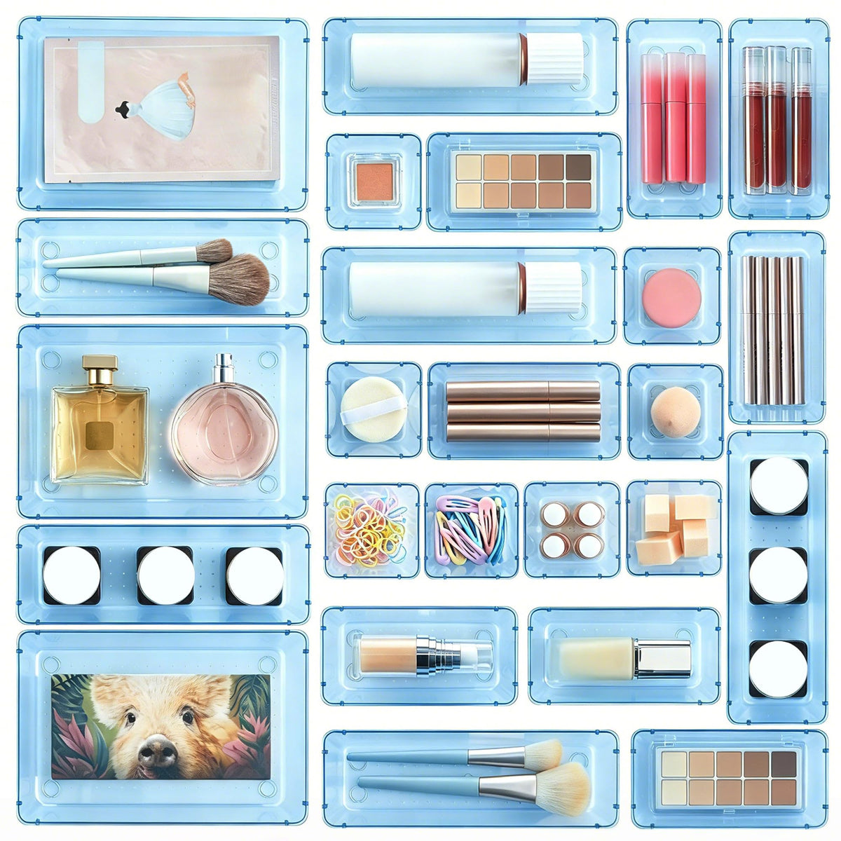 Vtopmart 25 PCS Clear Plastic Drawer Organizers Set, 4-Size Versatile Bathroom and Vanity Drawer Organizer Trays, Storage Bins for Makeup, Bedroom, Kitchen Gadgets Utensils and Office