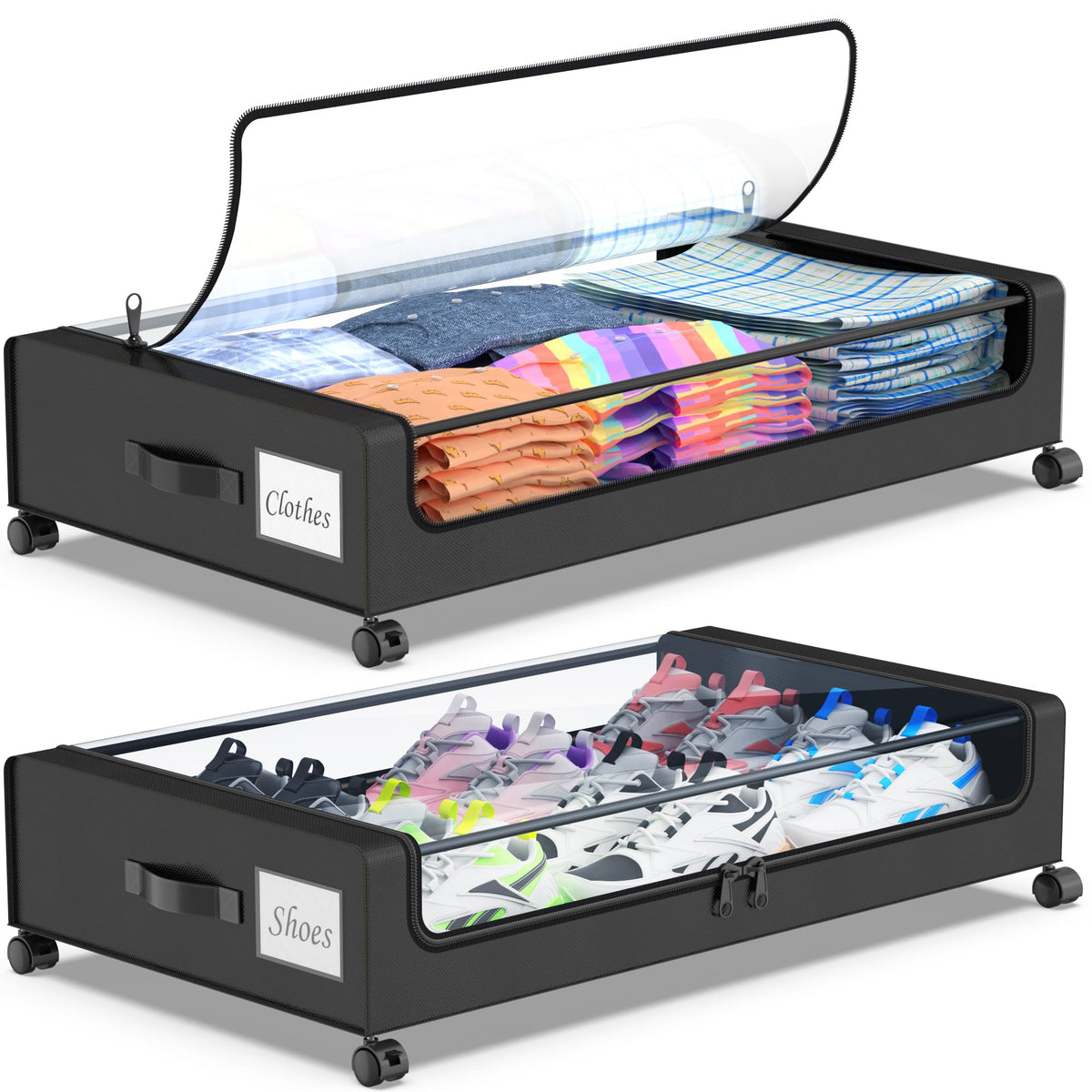 Beborxue Under Bed Storage with Wheels, 2-Pack Under the Bed Storage Containers with Lids, XXL 60L Under Bed Shoes Storage Organizer Bins, Rolling Underbed Storage for Clothes, Shoes, Blankets (Black)