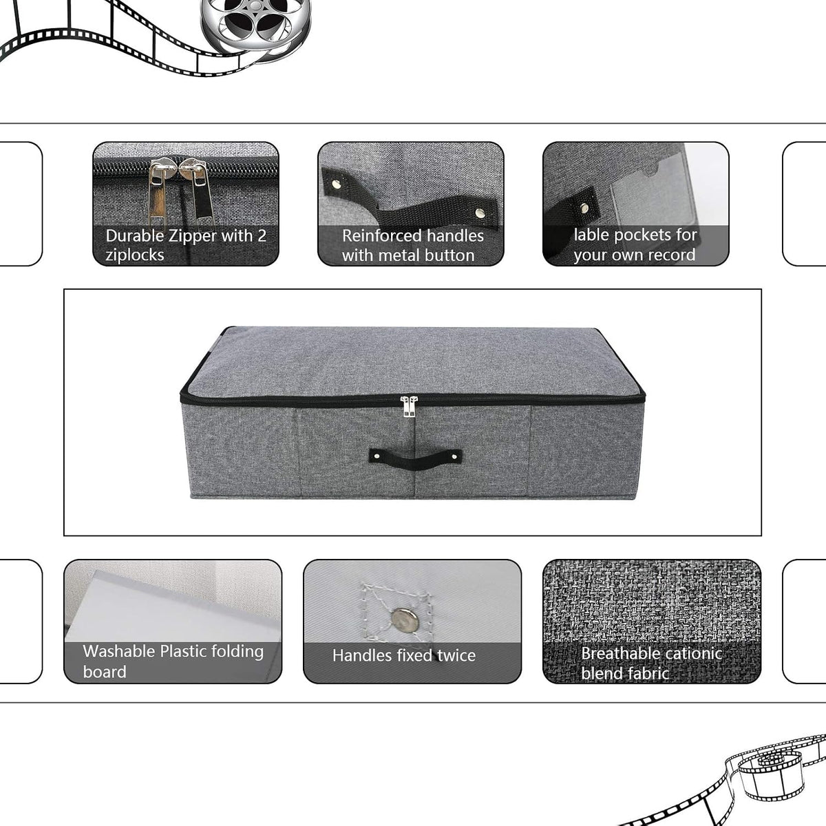 Under Bed Storage Bins with Lids, Closet Organizers, Foldable Under-bed Storage Baskets for Sheets, Clothes, Quilts, Sweaters, Wrapping Paper, 29x15x7inch, Black Gray, 2PCS