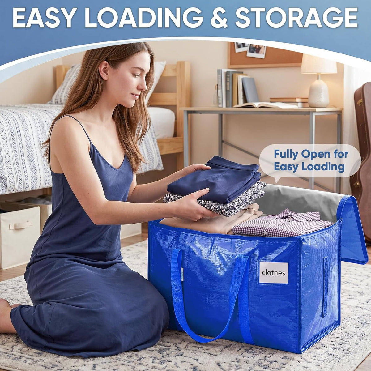 TICONN 6 Pack Extra Large Moving Bags Heavy Duty with Zippers & Carrying Handles, Durable Storage Bags Moving Boxes for Closet Organizers and Storage (6 Pack, Blue)