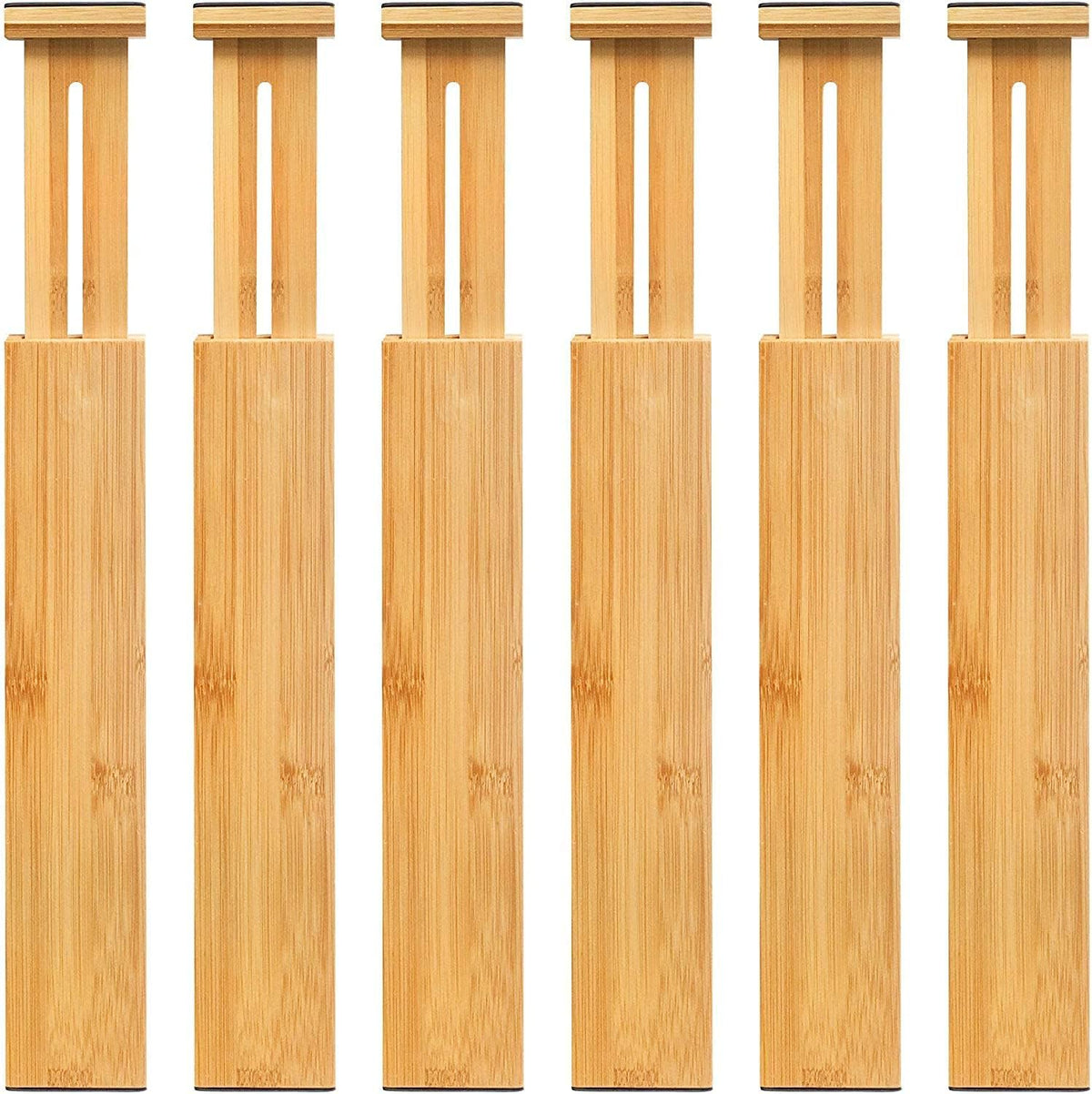 VaeFae 6-Pack Adjustable Bamboo Drawer Dividers, Expandable Drawer Organizer for Kitchen Utensils, Clothes, Bathroom, Office – Fits Drawer Interiors 16.6" to 21.8"
